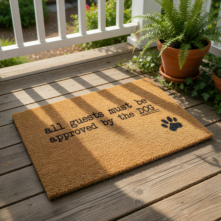 Funny dog doormat with the text all guests must be approved by the dog and a black paw print icon, this natural coir fiber welcome mat is a humorous front porch decor piece for pet lovers and dog owners looking for home entry