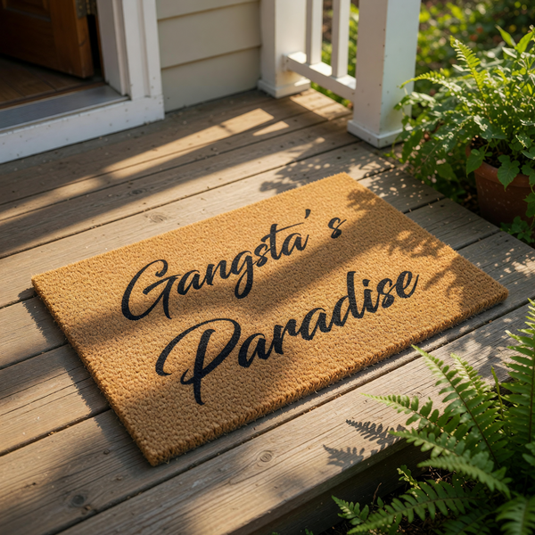 Gangsta's Paradise coir doormat with black script text on a natural fiber welcome mat, perfect for a funny front porch entry rug or housewarming decor that adds a bold and stylish look to your home entrance and outdoor floor