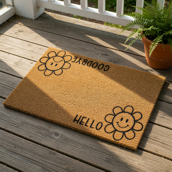 Funny coir doormat featuring a happy flower face with the word Hello and a grumpy flower face with the word Goodbye, this natural fiber welcome mat is a quirky front porch decor piece for a fun home entrance or apartment entryway.