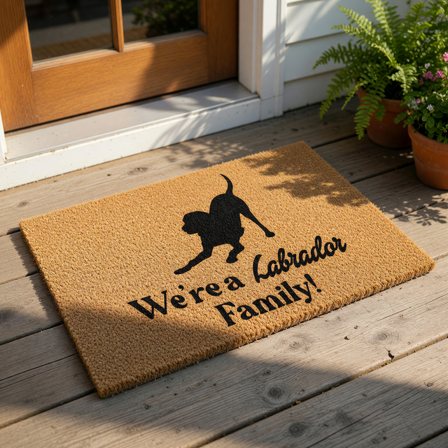 Labrador family doormat featuring a black dog silhouette on natural coir fiber, this durable outdoor welcome mat is a fun home decor piece for dog lovers who want a custom entryway rug for their front porch or house entrance.