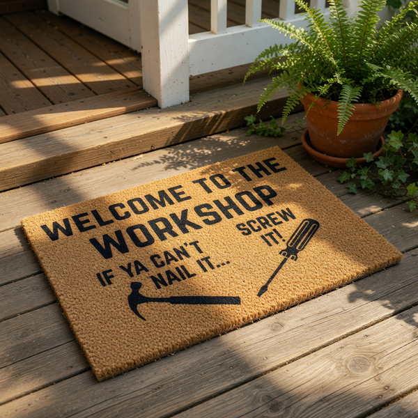Workshop welcome doormat with funny tool puns, featuring a natural coir fiber texture and black text that reads Welcome to the Workshop if ya can't nail it screw it with hammer and screwdriver icons for a garage or man cave decor.