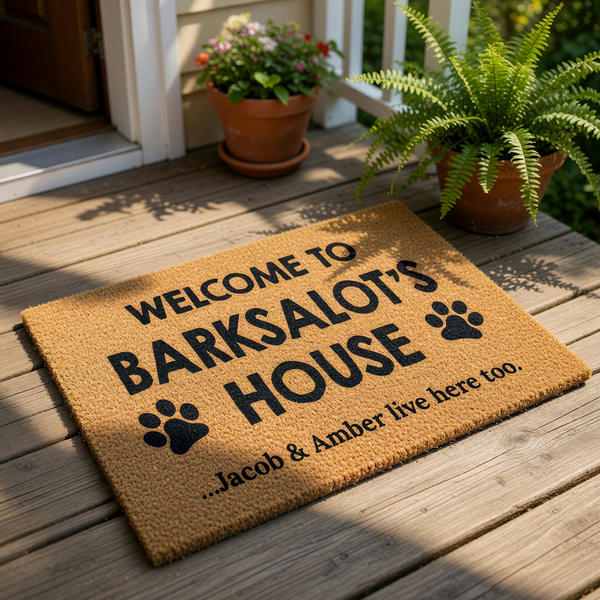a textured area rug with the text "Welcome to Barkalot's House Jacob & Amber live here too."