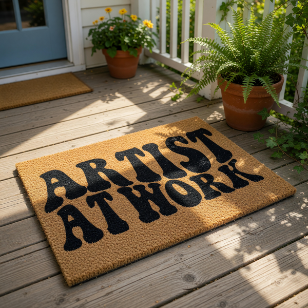 Artist at Work coir doormat featuring bold black retro typography on a natural brown fiber welcome mat, perfect for a creative studio entrance, home office decor, or a unique housewarming gift for an artist or painter.