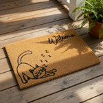 Sleeping cat welcome doormat featuring a cute feline illustration with zzz symbols on a natural coir fiber mat, perfect for a cat lover home entrance or front porch decor as a funny and stylish outdoor welcome mat for pet owners.