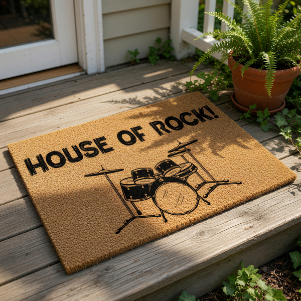 House of Rock drum set doormat featuring a natural coir fiber texture with bold black text and a detailed musical instrument graphic, making this a fun outdoor welcome mat for any drummer or music lover home entrance.