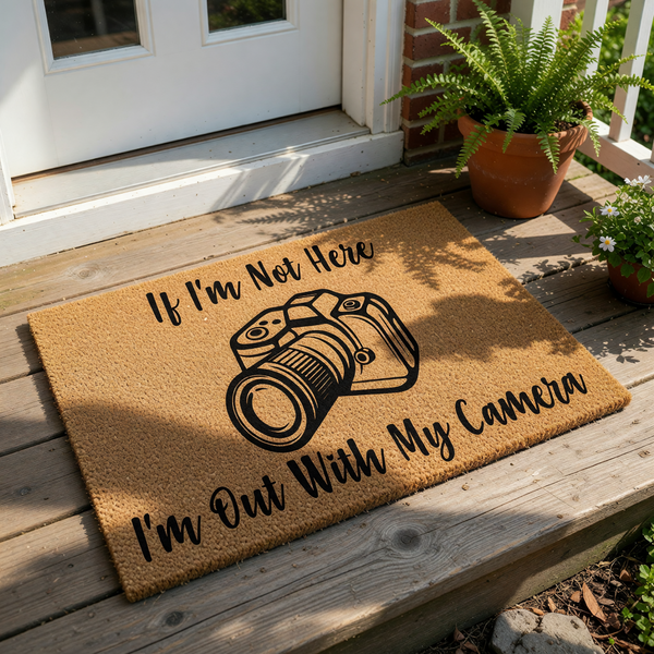 Photography lover doormat featuring a camera illustration and the text If I'm Not Here I'm Out With My Camera, this natural coir welcome mat is a funny front porch decor piece for photographers and camera hobbyists who love