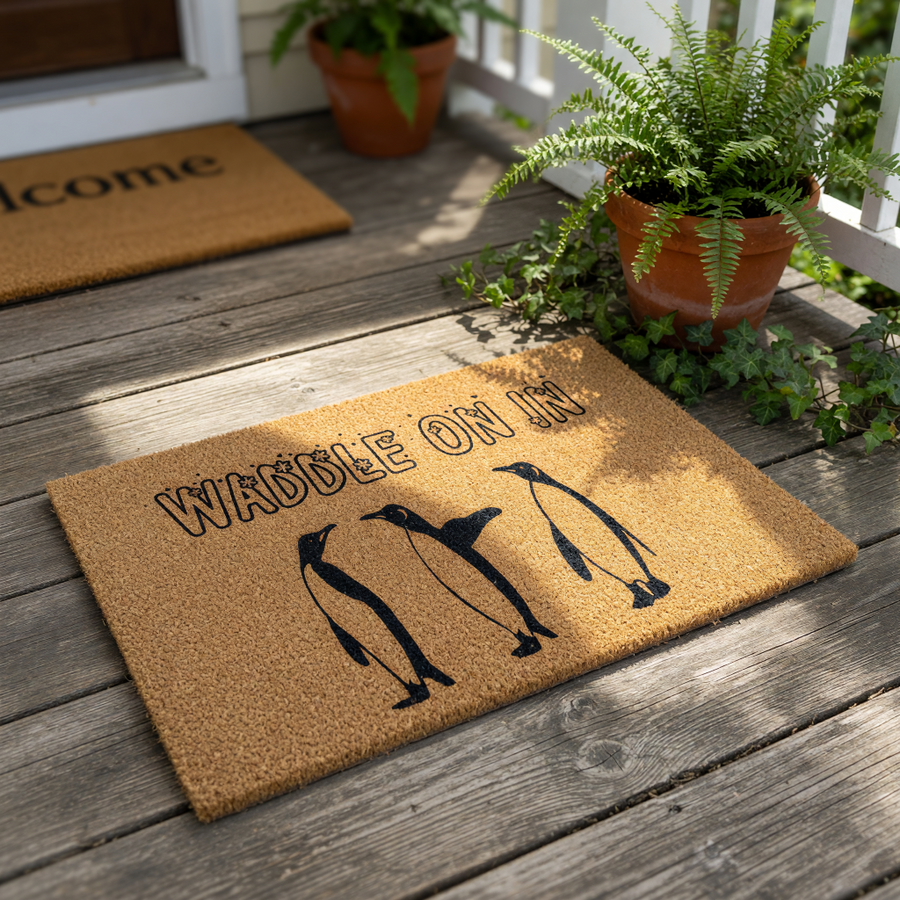 Penguin welcome doormat featuring three black penguin silhouettes and the text Waddle On In, this natural coir fiber outdoor floor mat is a fun animal themed entryway rug for your front porch or home decor entrance.