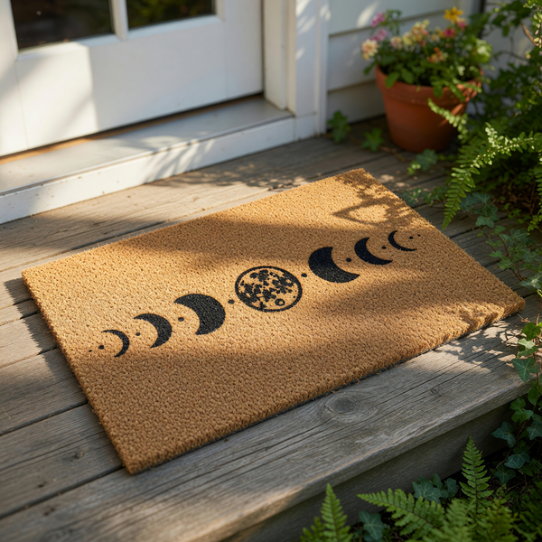 Celestial moon phase doormat featuring a natural coir fiber texture with a black printed lunar cycle design, this stylish outdoor welcome mat adds a mystical touch to your front porch decor and entryway floor covering needs.