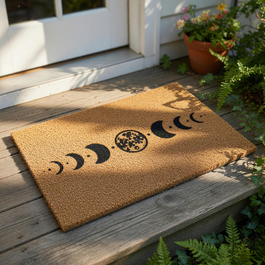 Celestial moon phase doormat featuring a natural coir fiber texture with a black printed lunar cycle design, this stylish outdoor welcome mat adds a mystical touch to your front porch decor and entryway floor covering needs.