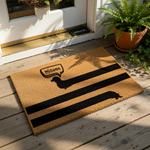 Dachshund welcome doormat featuring a long black dog silhouette and a speech bubble saying Welcome, this natural coir fiber entry rug is a funny pet lover home decor piece for your front porch or entryway floor mat collection.