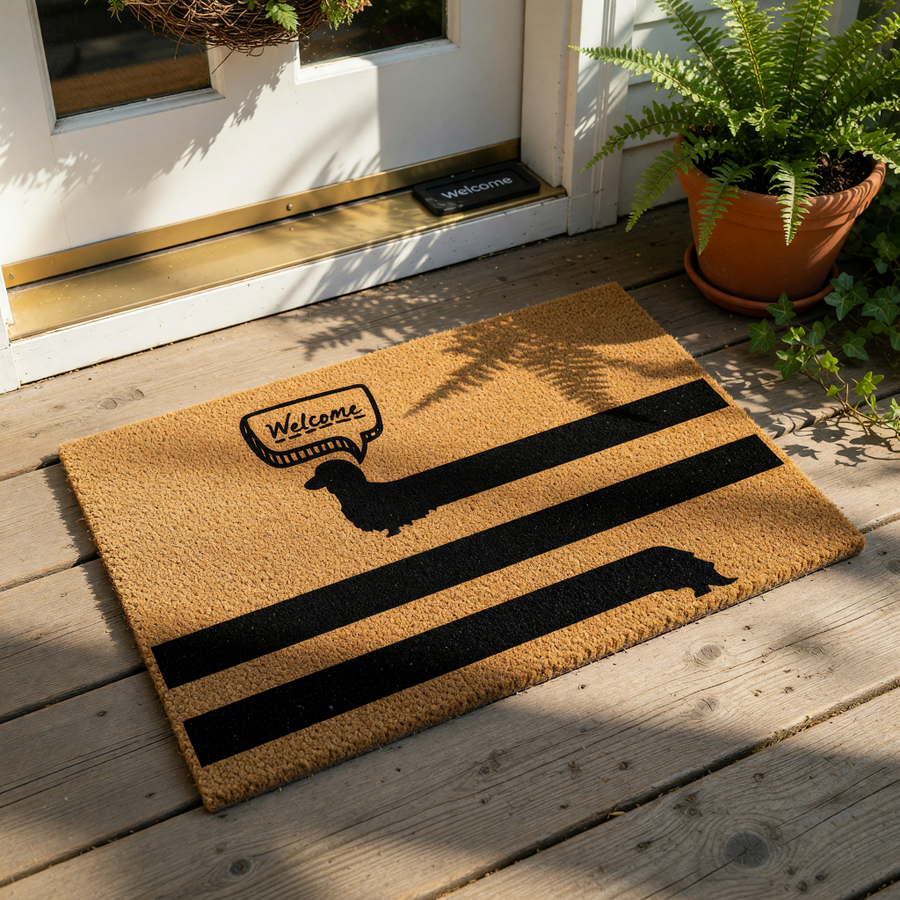 Dachshund welcome doormat featuring a long black dog silhouette and a speech bubble saying Welcome, this natural coir fiber entry rug is a funny pet lover home decor piece for your front porch or entryway floor mat collection.