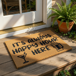 Funny Happy Hour doormat with a cocktail and beer mug design, this natural coir welcome mat features bold text for a home bar or patio entrance, making it a stylish outdoor floor rug for drinkers and party hosts who love fun