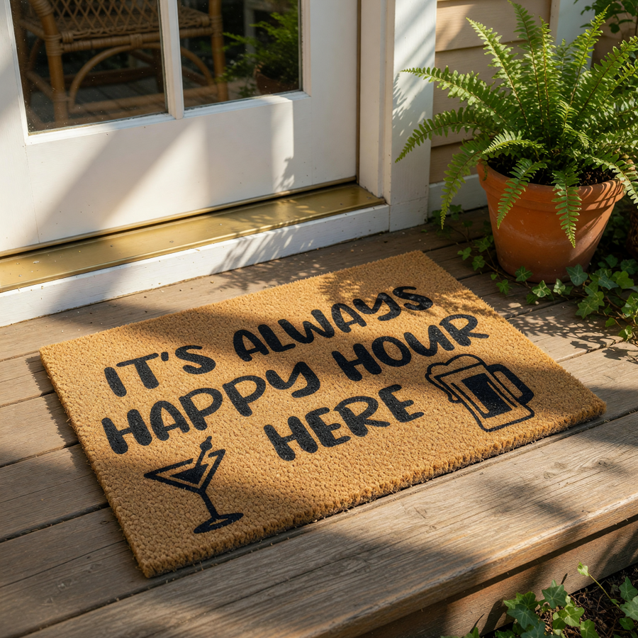Funny Happy Hour doormat with a cocktail and beer mug design, this natural coir welcome mat features bold text for a home bar or patio entrance, making it a stylish outdoor floor rug for drinkers and party hosts who love fun