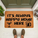 Funny Happy Hour doormat for front porch entry, featuring a natural coir welcome mat with black text and cocktail and beer mug icons, perfect for a home bar decor entrance or a humorous housewarming gift for a drink lover.