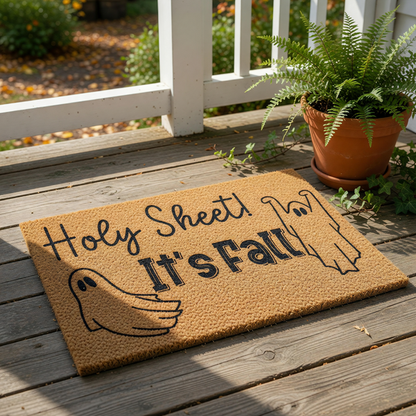 Funny Fall doormat with ghost illustrations and the text Holy Sheet It is Fall, this natural coir welcome mat features a humorous seasonal design for your front porch decor, perfect for autumn home entryways and spooky holiday