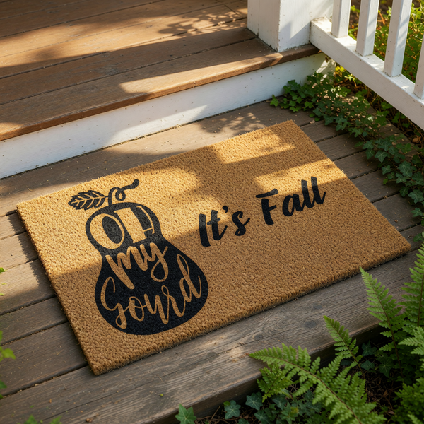 Oh My Gourd It's Fall coir doormat featuring a black pumpkin graphic on a natural fiber welcome mat, perfect for seasonal autumn porch decor, farmhouse entryway rugs, and festive outdoor home entrance floor mats for the harvest