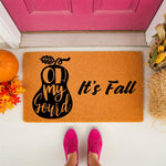Oh My Gourd fall doormat featuring a pumpkin design on a natural coir welcome mat, perfect for autumn porch decor, seasonal front door entryways, and festive home entrance styling for the harvest season and Thanksgiving holiday.