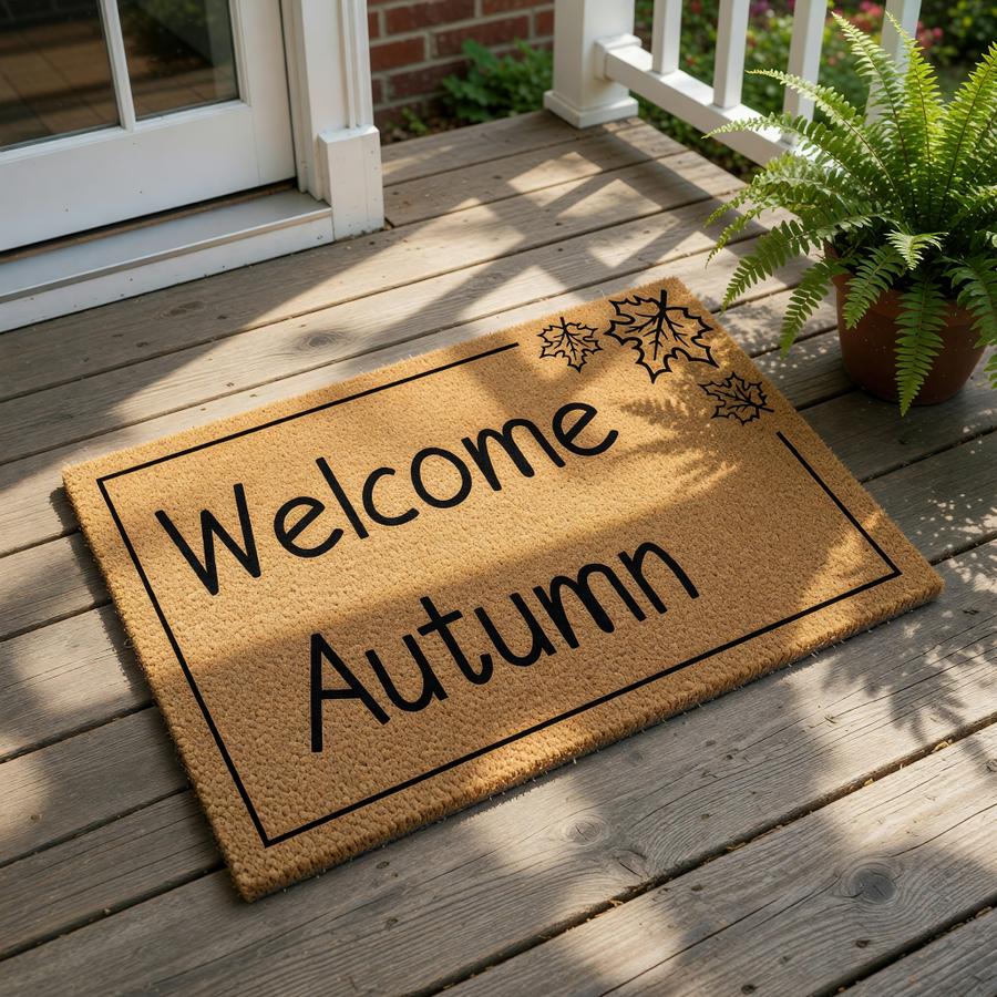 Welcome Autumn coir doormat featuring a natural fiber texture with black text and leaf illustrations, this seasonal fall welcome mat is a durable outdoor rug for your front porch decor during the harvest and autumn holiday season.