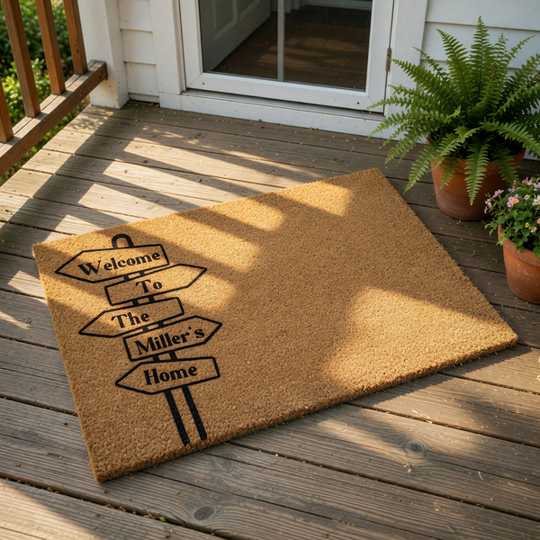 Personalized family name welcome doormat featuring a directional signpost design on natural coir fiber, this custom outdoor floor mat makes a housewarming entry rug for any front porch or entryway decor with a rustic home style.