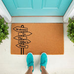 Personalized family name doormat featuring a directional sign design on natural coir fiber, this custom welcome mat for front porch entryways makes a stylish housewarming gift for any home entrance with its durable outdoor floor