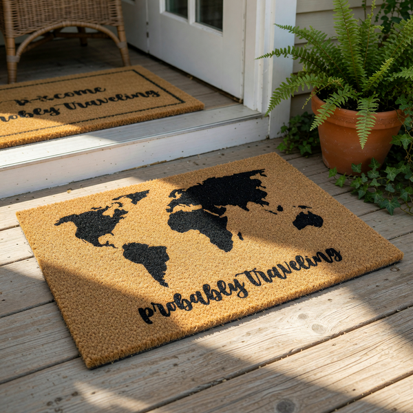 World map doormat with probably traveling text, featuring a natural coir fiber welcome mat for travelers, this outdoor floor rug has a black printed globe design and is a stylish housewarming decor piece for any home entryway.