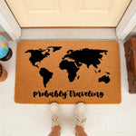 World map travel doormat with the text probably traveling, a natural coir welcome mat for travelers featuring a black map design on a durable fiber rug, perfect for a front porch entryway or housewarming decor for adventure