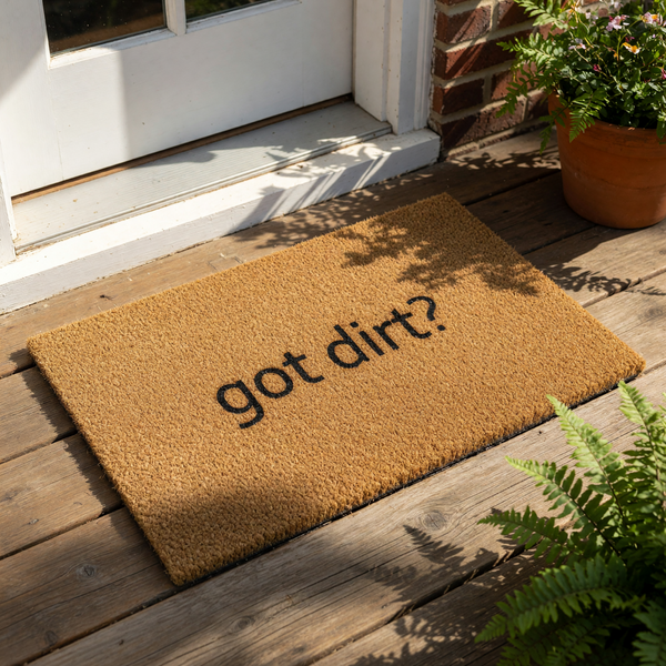 Got dirt? funny coir doormat for front porch entryways, featuring a natural fiber welcome mat with bold black text that makes a humorous housewarming gift for new homeowners or a stylish outdoor rug for your home entrance.