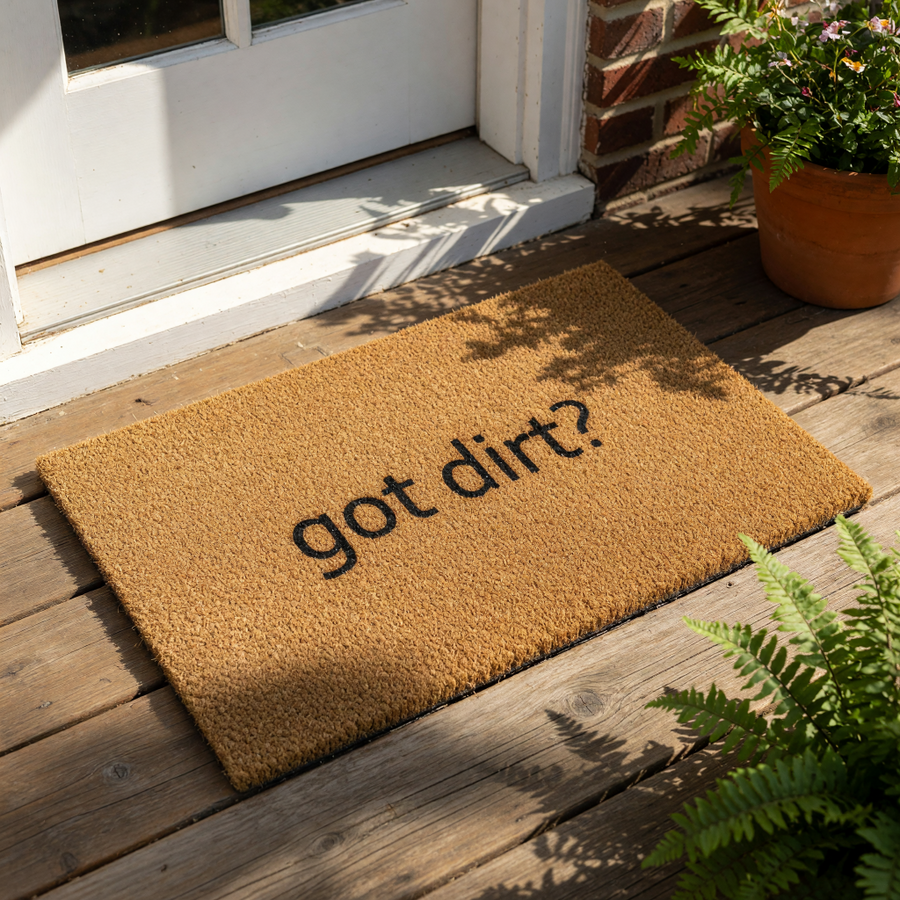 Got dirt? funny coir doormat for front porch entryways, featuring a natural fiber welcome mat with bold black text that makes a humorous housewarming gift for new homeowners or a stylish outdoor rug for your home entrance.