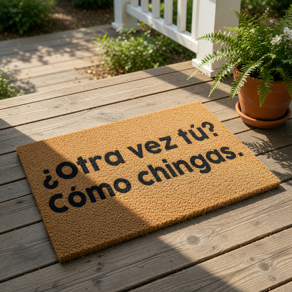 Funny Spanish doormat with bold black text reading Otra vez tu Como chingas on a natural coir fiber welcome mat, perfect for a sarcastic front porch entry or a humorous housewarming decor piece for your home entrance.