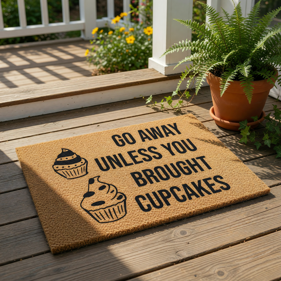 Funny cupcake doormat with the text Go Away Unless You Brought Cupcakes printed on a natural coir fiber welcome mat, perfect for a front porch entry or home decor for anyone who loves baking and humorous outdoor floor mats.