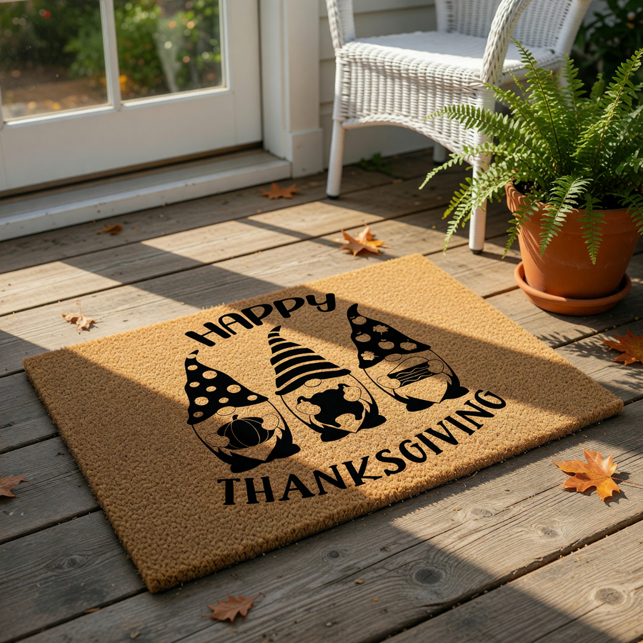 Happy Thanksgiving coir doormat featuring three cute gnomes with fall hats, a pumpkin, and autumn leaves.