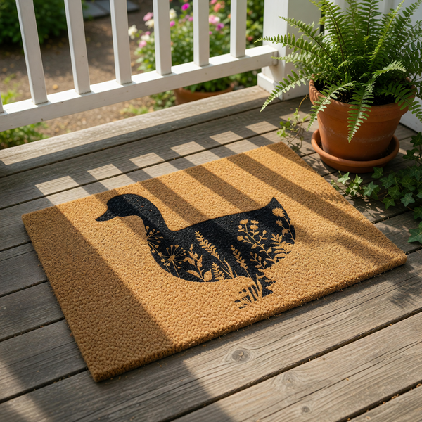 Duck silhouette coir doormat featuring a black duck shape filled with intricate floral and wildflower line art, perfect for a farmhouse entryway, porch decor, or a rustic outdoor welcome mat for your home entrance.