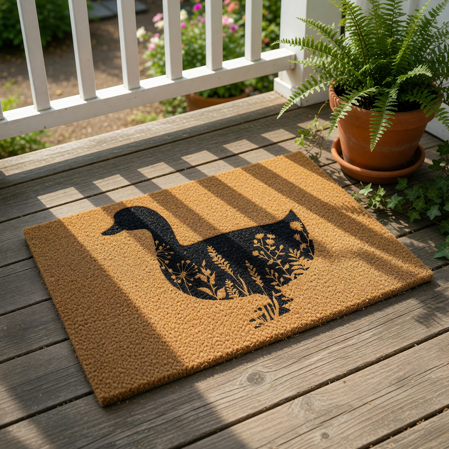 Duck silhouette coir doormat featuring a black duck shape filled with intricate floral and wildflower line art, perfect for a farmhouse entryway, porch decor, or a rustic outdoor welcome mat for your home entrance.