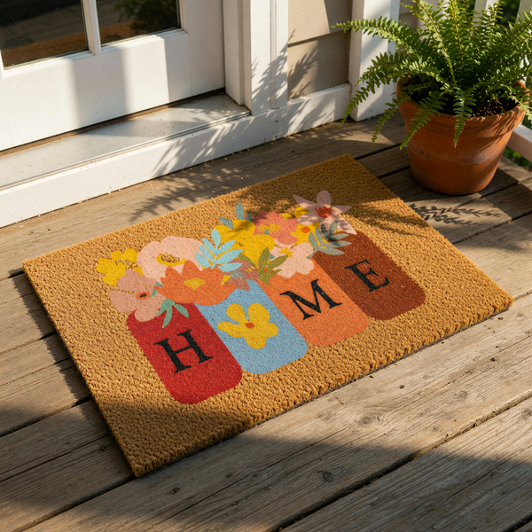 Floral Home doormat featuring colorful mason jar vases with spring flowers on a natural coir welcome mat, perfect for front porch decor, housewarming entryways, and seasonal home entrance floor mats for a stylish outdoor look.