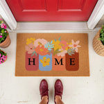 Floral Home doormat featuring colorful mason jar designs with flowers on a natural coir welcome mat, perfect for a front porch entryway decor update that adds a stylish and welcoming touch to your home entrance and house floor.
