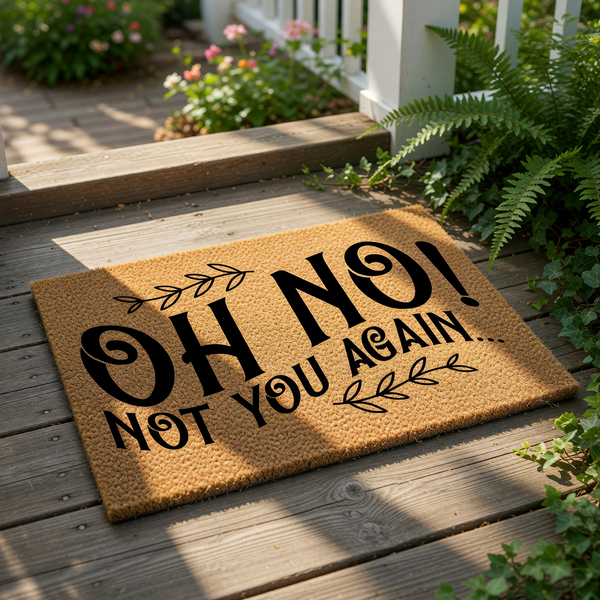 Funny doormat with the text Oh No Not You Again printed in black on a natural coir fiber welcome mat, featuring decorative leaf accents for a humorous front porch decor look that greets guests with a playful and sarcastic house