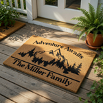 Personalized mountain adventure doormat featuring a nature-inspired forest and peak design, this custom family name welcome mat is a durable coir floor rug for your front porch, entryway, or outdoor home decor entrance.