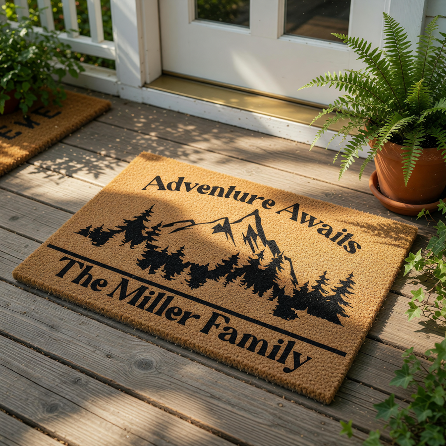 Personalized mountain adventure doormat featuring a nature-inspired forest and peak design, this custom family name welcome mat is a durable coir floor rug for your front porch, entryway, or outdoor home decor entrance.