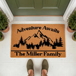 Personalized mountain adventure doormat featuring a forest landscape and custom family name text, this durable coir welcome mat is a stylish outdoor floor rug for your front porch entry, perfect for nature lovers and home decor.