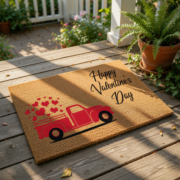 Happy Valentine's Day coir doormat featuring a red vintage truck carrying a load of hearts, this natural fiber welcome mat is a festive seasonal front porch decor piece for your home entry during the romantic February holiday