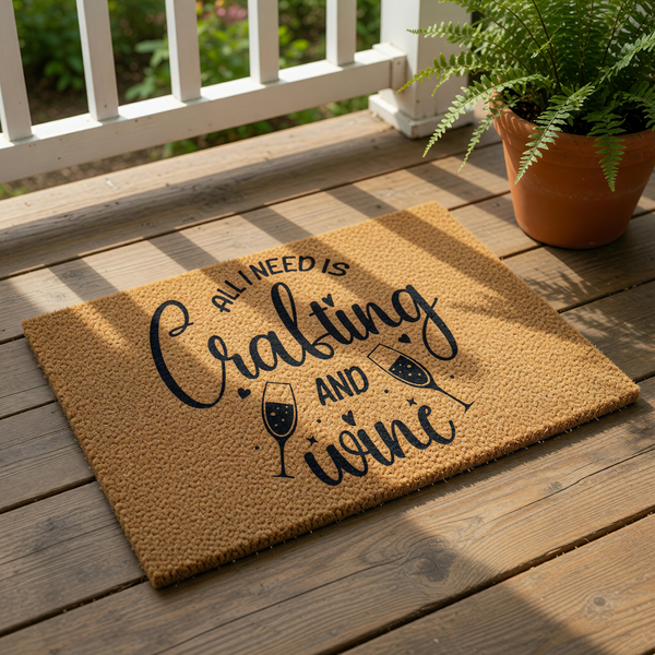 Crafting and wine doormat featuring a natural coir fiber texture with black printed text and two wine glass icons, making a funny welcome mat for a craft room or home entryway for anyone who loves DIY projects and a glass of wine.