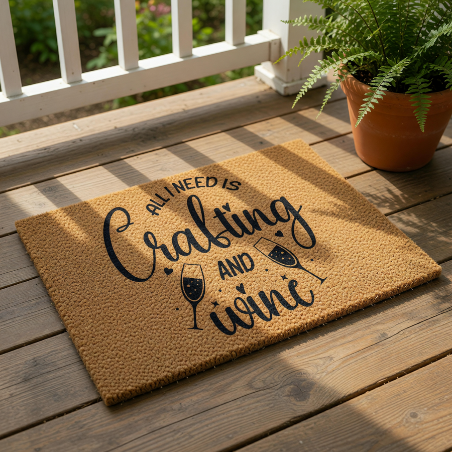Crafting and wine doormat featuring a natural coir fiber texture with black printed text and two wine glass icons, making a funny welcome mat for a craft room or home entryway for anyone who loves DIY projects and a glass of wine.