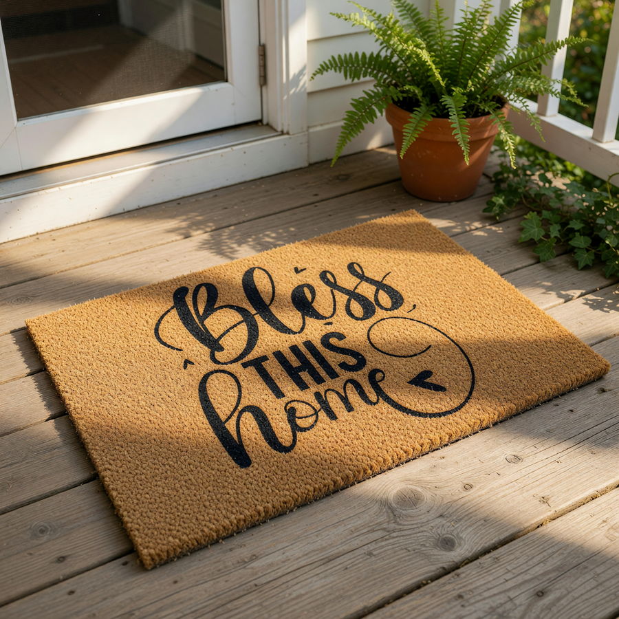 Bless This Home coir doormat with black script lettering on a natural fiber welcome mat, perfect for front porch decor, housewarming entry rugs, or farmhouse style home entrance floor mats for a cozy and inviting entryway.