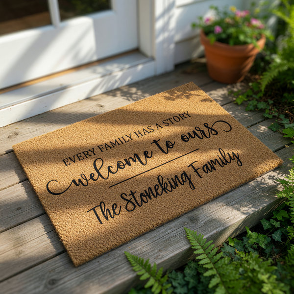 Personalized family name coir doormat featuring the text Every family has a story welcome to ours, this custom outdoor welcome mat is a durable natural fiber floor rug for your front porch entry and a housewarming home decor