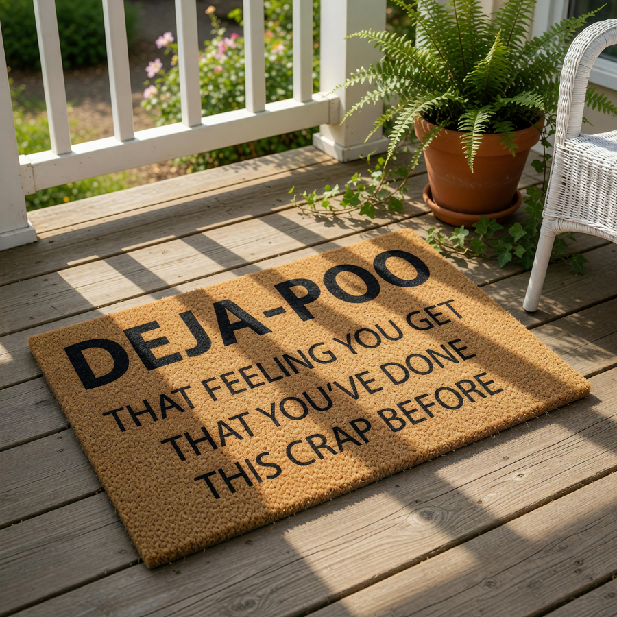 Funny doormat with the text Deja-Poo that feeling you get that you have done this crap before, featuring bold black lettering on a natural brown coir fiber welcome mat for a humorous home entrance or front porch decor statement