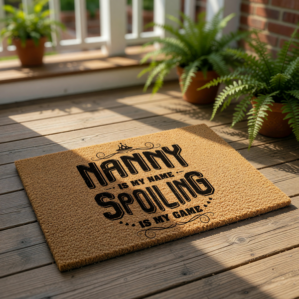 Nanny doormat with funny quote about spoiling grandkids, featuring a natural coir fiber welcome mat design with black text and a crown icon, perfect for a front porch entry or home decor for a favorite grandmother or nana.