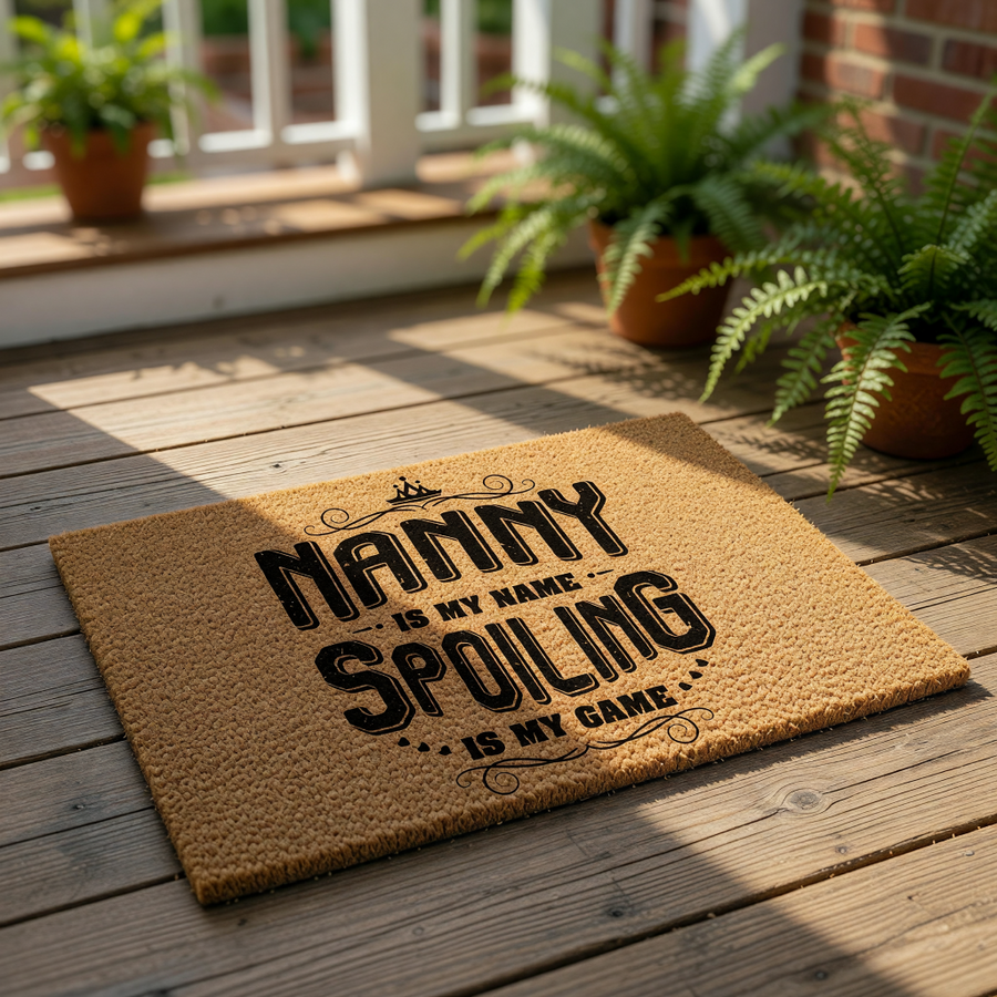 Nanny doormat with funny quote about spoiling grandkids, featuring a natural coir fiber welcome mat design with black text and a crown icon, perfect for a front porch entry or home decor for a favorite grandmother or nana.