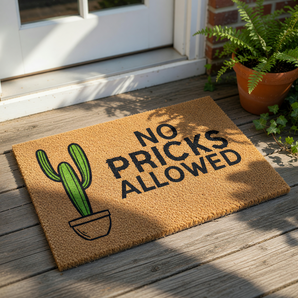 Funny cactus doormat with the text No Pricks Allowed, featuring a green potted plant illustration on a natural coir fiber welcome mat, perfect for a humorous front porch entry or a quirky housewarming gift for plant lovers.
