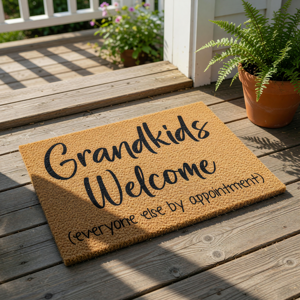 Grandkids Welcome doormat with funny text for grandparents, featuring a natural coir fiber welcome mat for the front porch that reads Grandkids Welcome everyone else by appointment in a stylish black script and sans-serif font