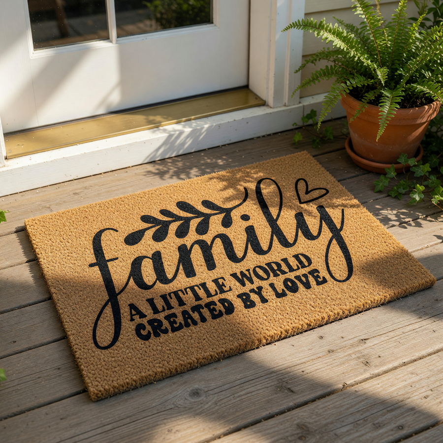 Family coir doormat with a little world created by love quote, featuring a natural fiber welcome mat for front porch decor that adds a warm, inviting touch to your home entrance with its stylish black script and botanical design.